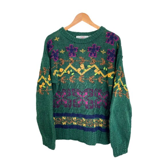Vintage 90s Cabin Fever Sweater Women Large Hand Knitted Green Flowers Grandma - Picture 3 of 16
